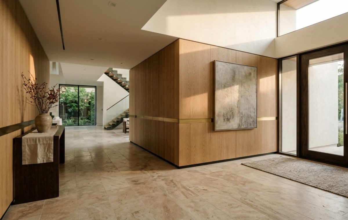 bespoke luxury residential architecture entry hall featuring honed travertine flooring and rift-sawn oak wall panels with a 36-inch wide sculptural corridor
