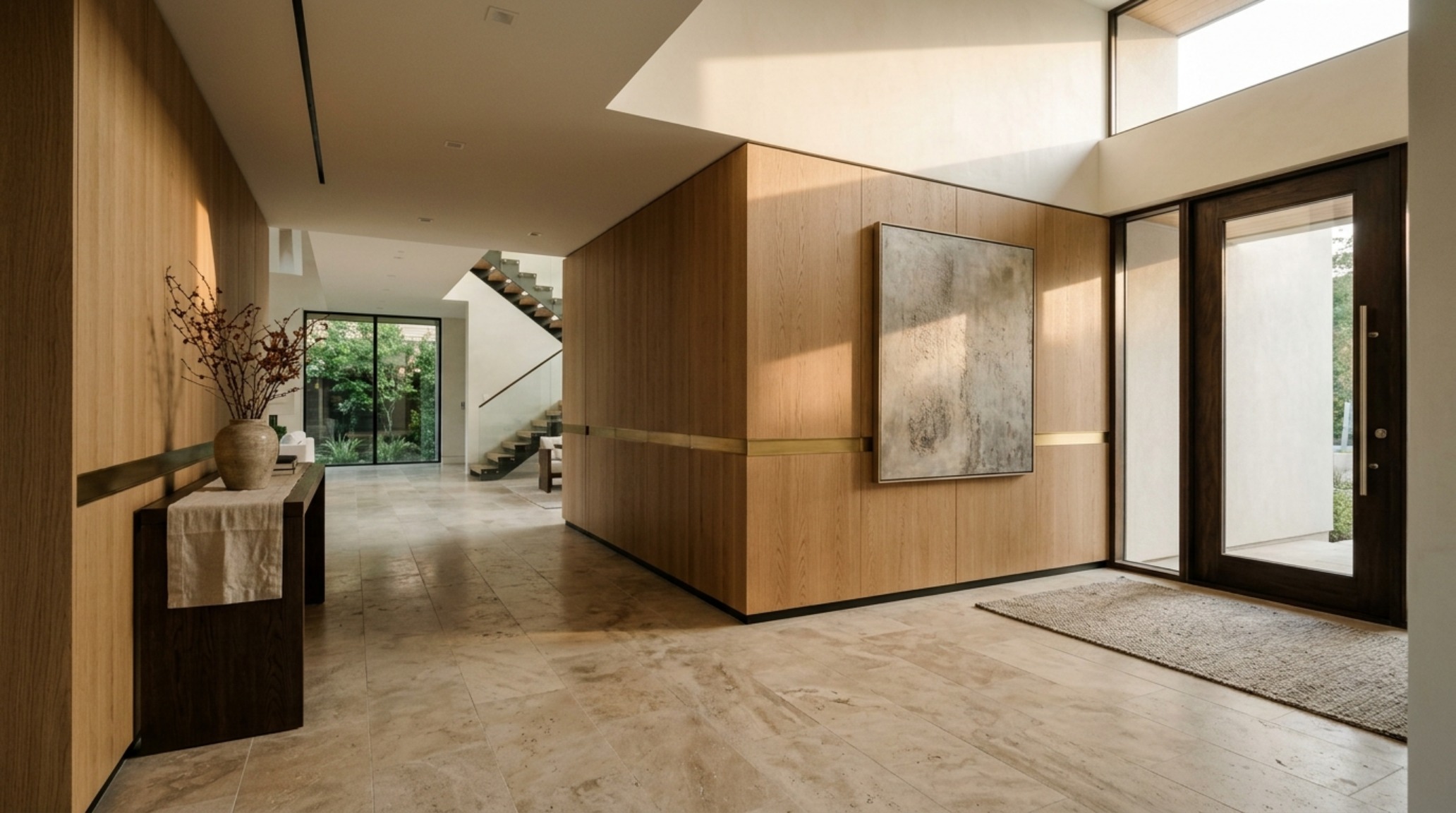 bespoke luxury residential architecture entry hall featuring honed travertine flooring and rift-sawn oak wall panels with a 36-inch wide sculptural corridor bespoke luxury residential architecture entry hall featuring honed travertine flooring and rift-sawn oak wall panels with a 36-inch wide sculptural corridor