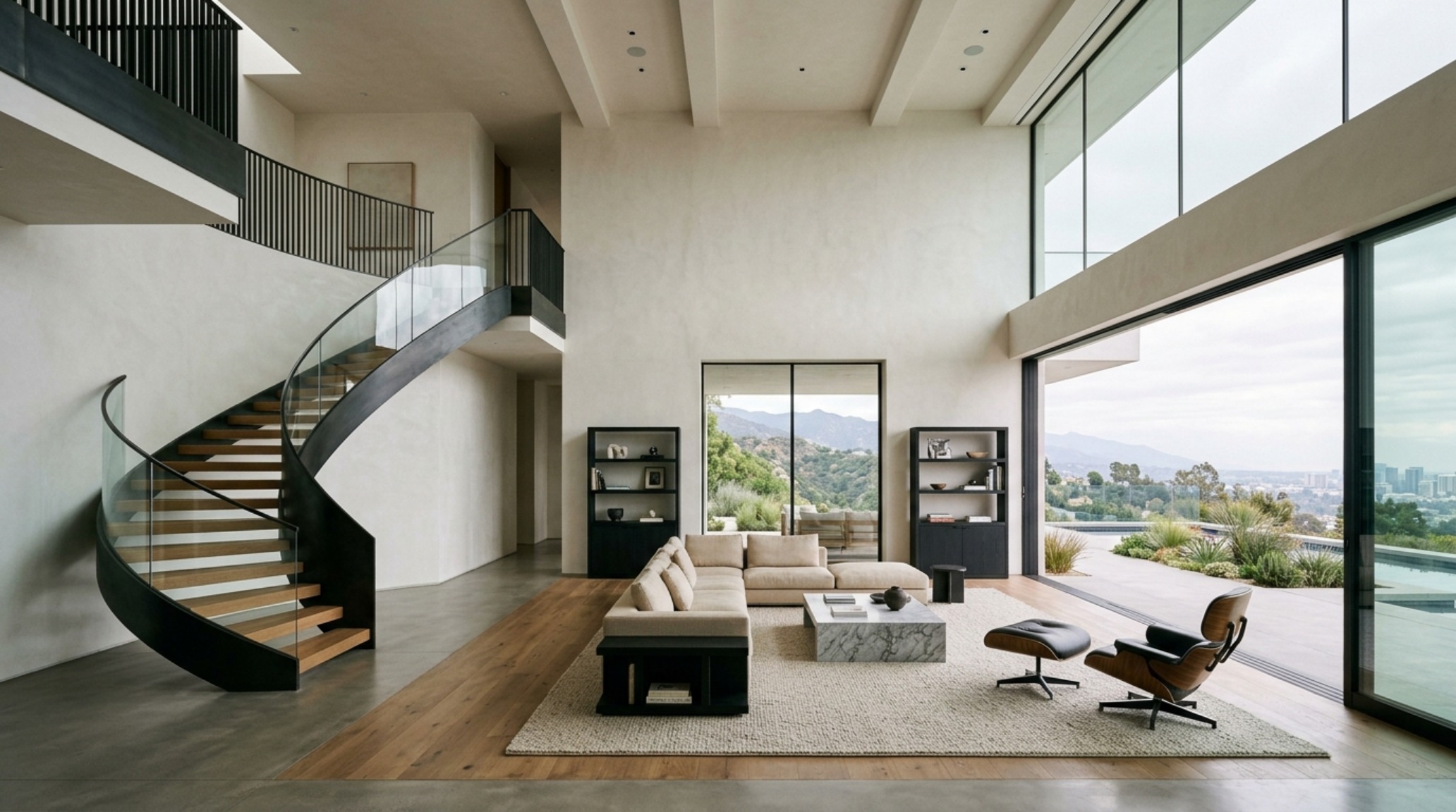 bespoke luxury residential architecture double-height living room with 2700K circadian lighting and Venetian plaster walls overlooking a minimalist garden bespoke luxury residential architecture double-height living room with 2700K circadian lighting and Venetian plaster walls overlooking a minimalist garden