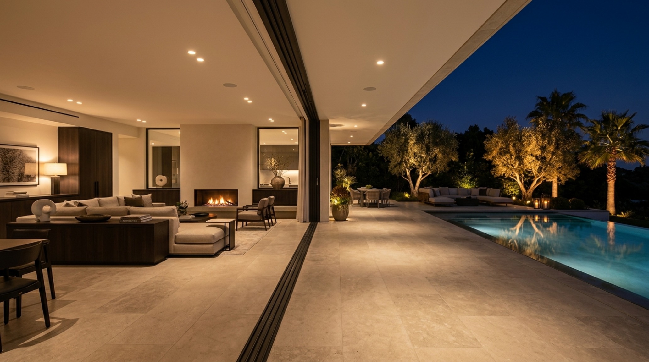 indoor-outdoor living flow solutions with flush-threshold sliding glass walls and continuous basalt flooring extending to a private terrace with moonlighting indoor-outdoor living flow solutions with flush-threshold sliding glass walls and continuous basalt flooring extending to a private terrace with moonlighting