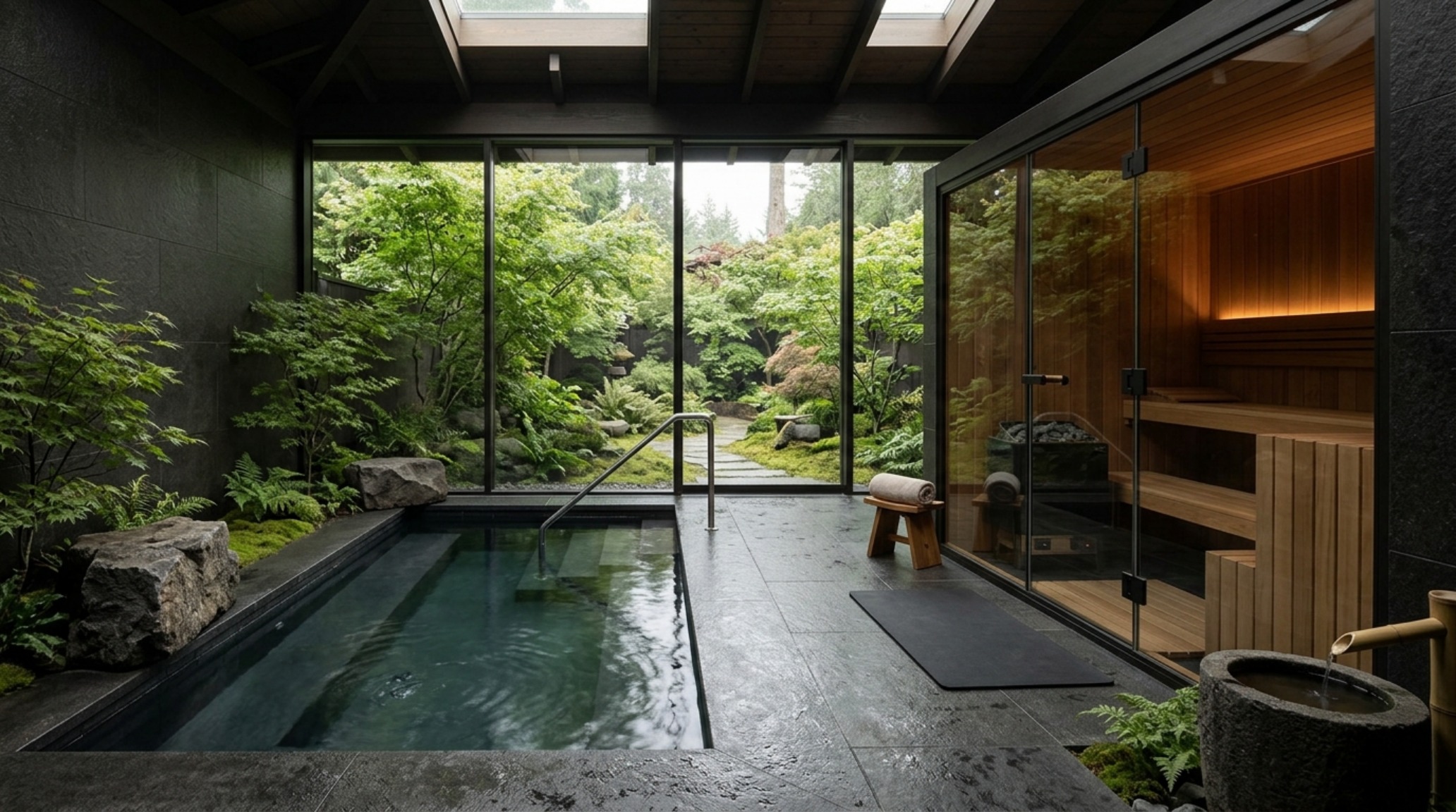 high-end estate floor plans primary wellness retreat including an integrated infrared sauna and dark basalt cold plunge pool with architectural shadow gaps high-end estate floor plans primary wellness retreat including an integrated infrared sauna and dark basalt cold plunge pool with architectural shadow gaps