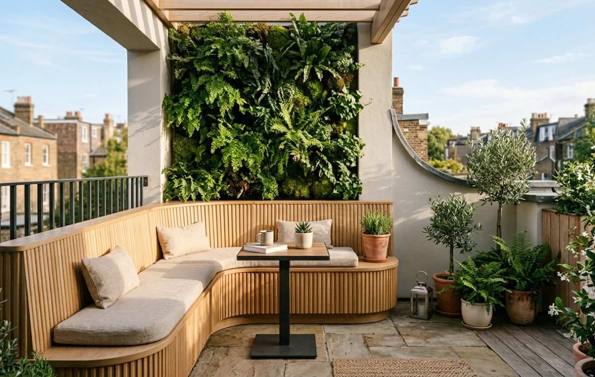 A hero shot of a modern apartment balcony featuring bespoke fluted white oak banquette seating and lush vertical gardening under warm morning light.