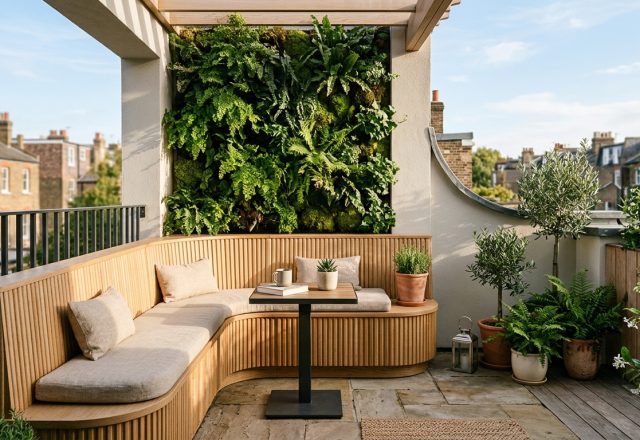 A hero shot of a modern apartment balcony featuring bespoke fluted white oak banquette seating and lush vertical gardening under warm morning light.