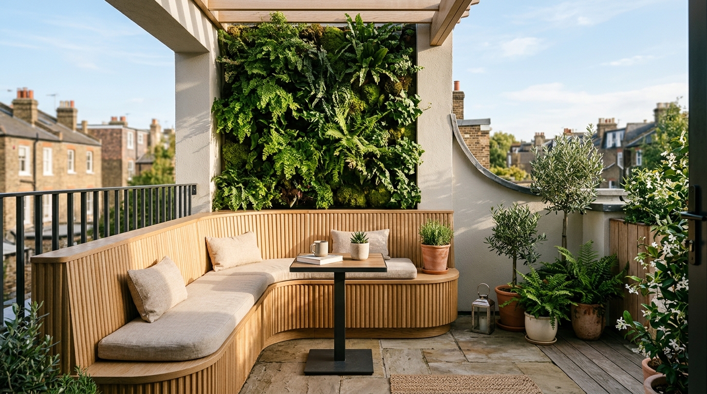 A hero shot of a modern apartment balcony featuring bespoke fluted white oak banquette seating and lush vertical gardening under warm morning light. A hero shot of a modern apartment balcony featuring bespoke fluted white oak banquette seating and lush vertical gardening under warm morning light.