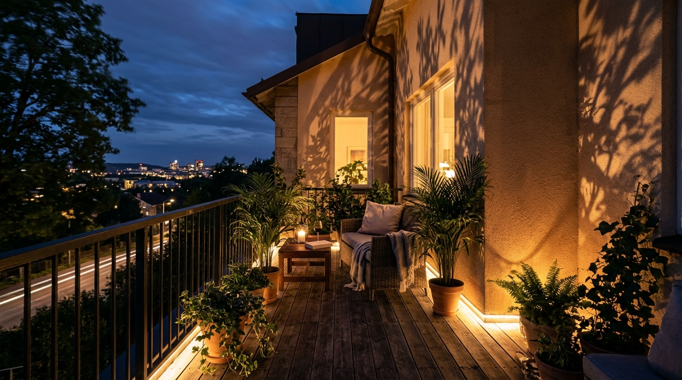 Soft-focus evening view of a balcony showing diffused directional lighting anchored in the corners to create spatial width. Soft-focus evening view of a balcony showing diffused directional lighting anchored in the corners to create spatial width.