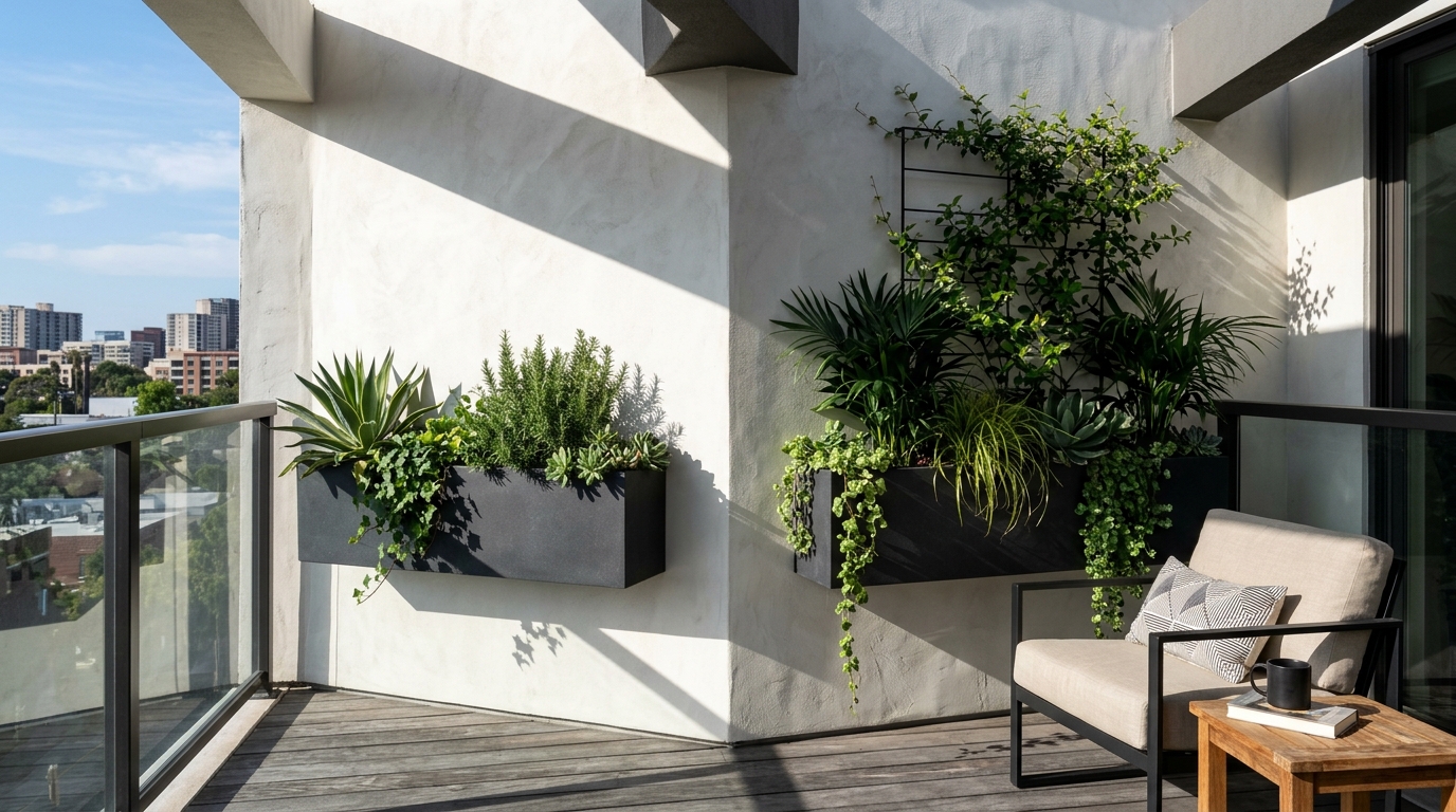 A micro-terrace featuring a combination of Benjamin Moore Swiss Coffee walls and dark Iron Mountain accents for depth. A micro-terrace featuring a combination of Benjamin Moore Swiss Coffee walls and dark Iron Mountain accents for depth.