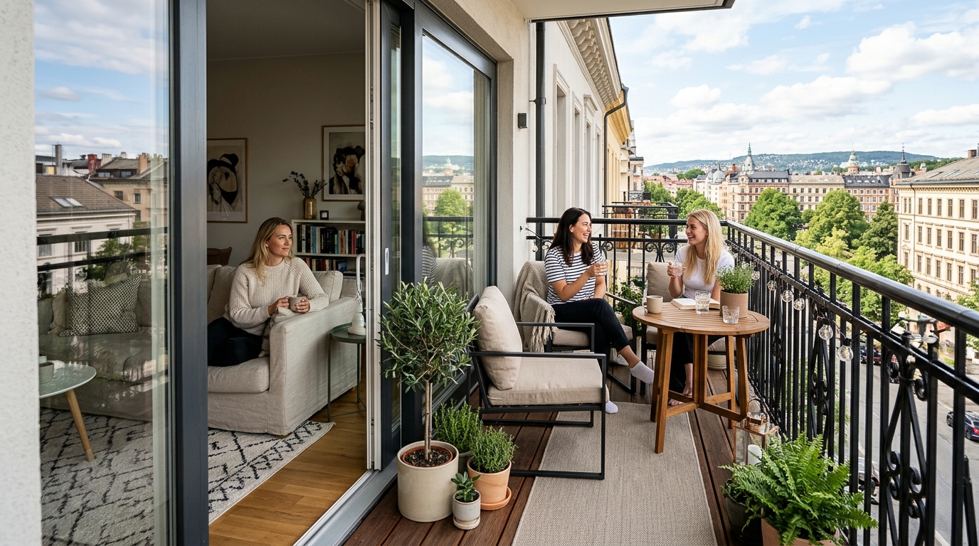 A pair of low-back stools tucked under a slim railing ledge, demonstrating efficient spatial cadence for small balconies. A pair of low-back stools tucked under a slim railing ledge, demonstrating efficient spatial cadence for small balconies.