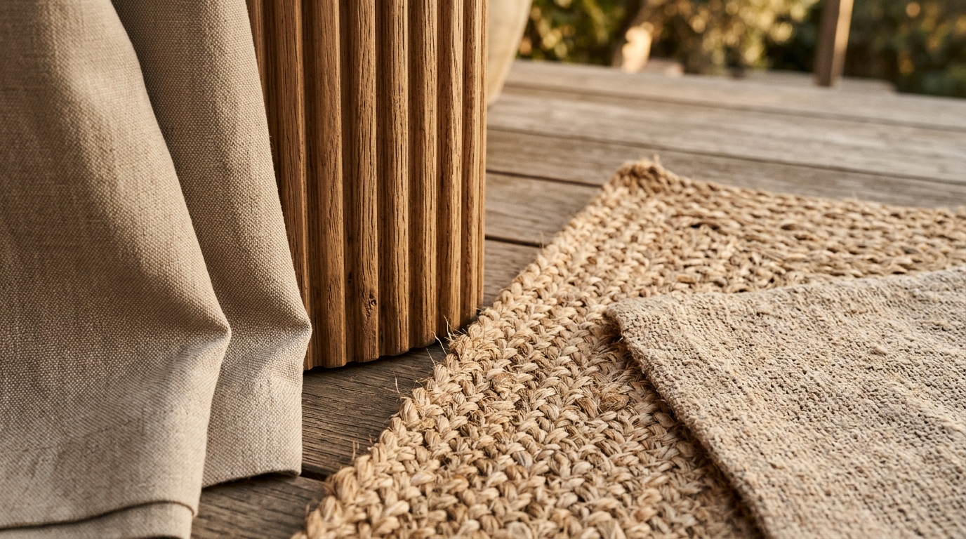 Tactile detail of a weather-resistant linen cushion on a fluted oak bench, reflecting an organic modern aesthetic. Tactile detail of a weather-resistant linen cushion on a fluted oak bench, reflecting an organic modern aesthetic.