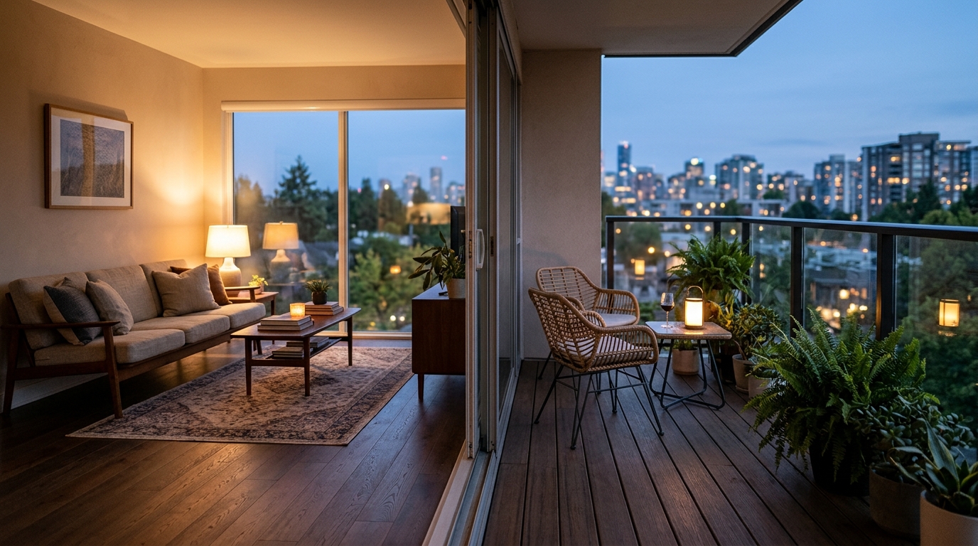 Wide-angle shot of a micro-terrace showing the seamless visual transition from the interior living room to the outdoor space. Wide-angle shot of a micro-terrace showing the seamless visual transition from the interior living room to the outdoor space.