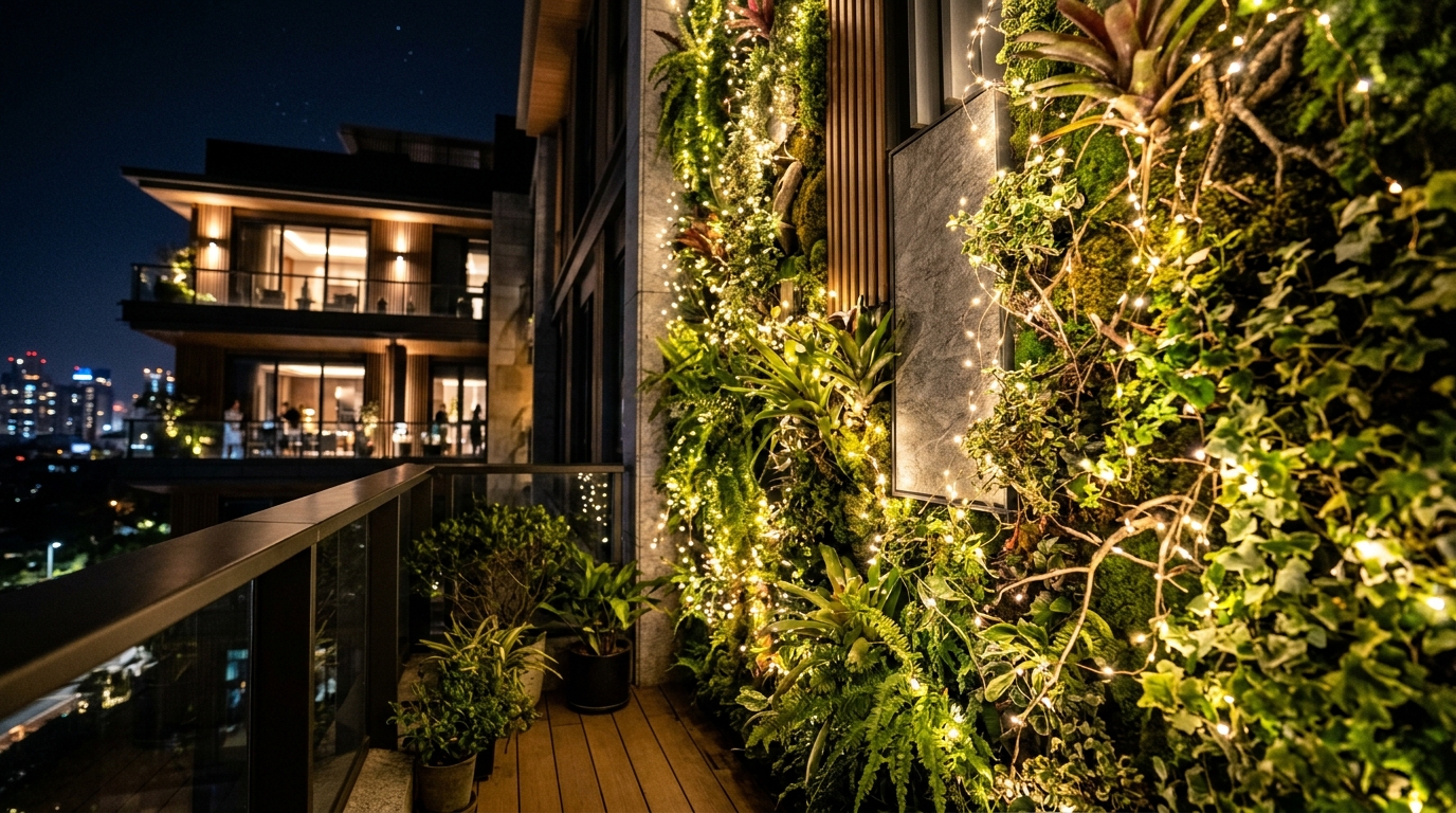 Evening shot of a balcony garden with micro-LEDs woven into the foliage for a sophisticated, low-glare glow. Evening shot of a balcony garden with micro-LEDs woven into the foliage for a sophisticated, low-glare glow.