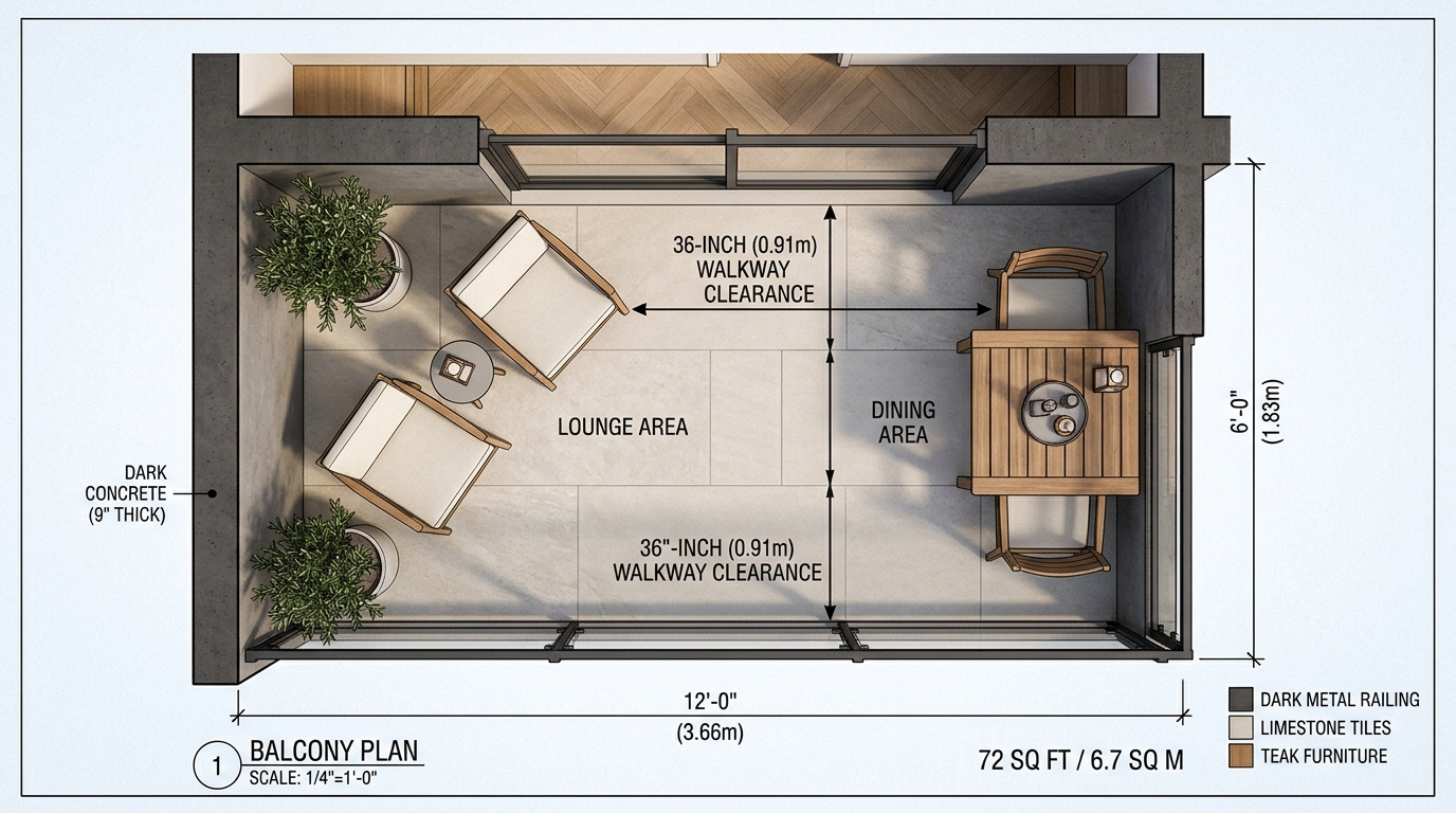 Architectural top-down view of a small balcony layout showing clear 36-inch walkways and strategic perimeter furniture placement. Architectural top-down view of a small balcony layout showing clear 36-inch walkways and strategic perimeter furniture placement.