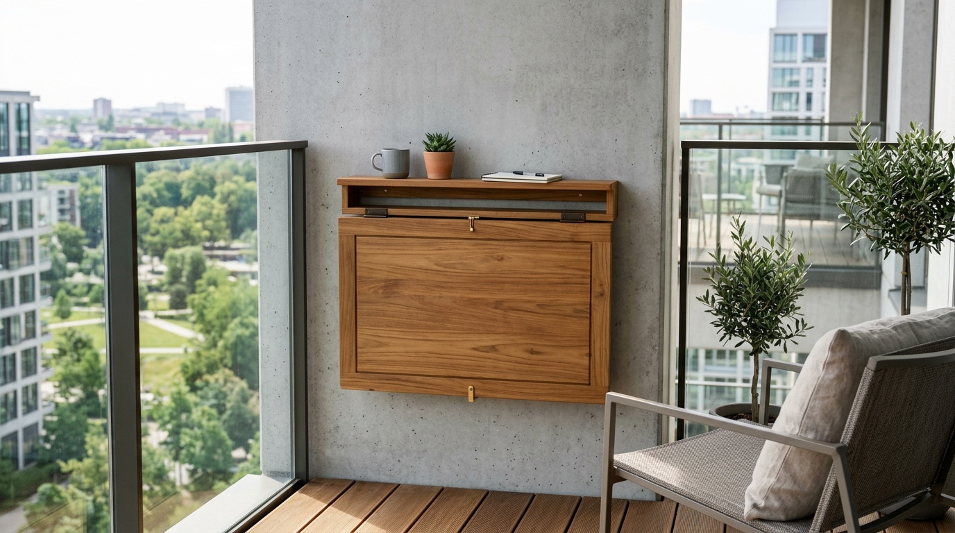 Detailed shot of a teak drop-leaf desk in the folded-down position, illustrating the 'invisible' home office concept. Detailed shot of a teak drop-leaf desk in the folded-down position, illustrating the 'invisible' home office concept.