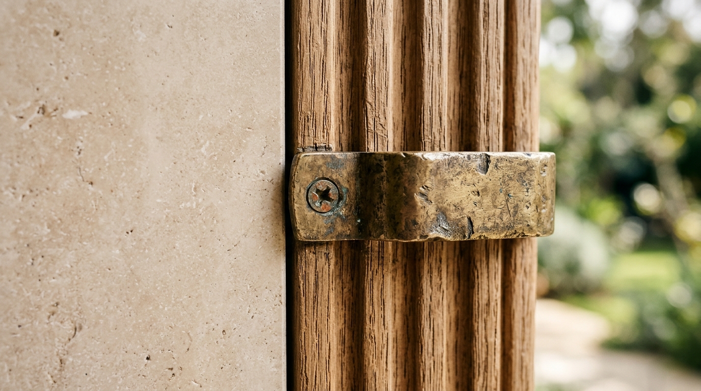 Macro detail of tactile materials including honed travertine stone table top and weathered brass hardware on an outdoor terrace. Macro detail of tactile materials including honed travertine stone table top and weathered brass hardware on an outdoor terrace.