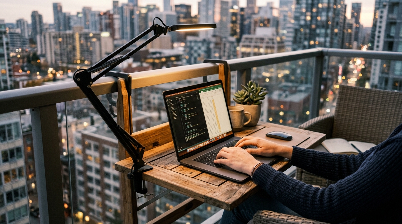 An ergonomic WFB (Work From Balcony) setup with a teak fold-away desk and high-CRI portable task lighting overlooking the city. An ergonomic WFB (Work From Balcony) setup with a teak fold-away desk and high-CRI portable task lighting overlooking the city.