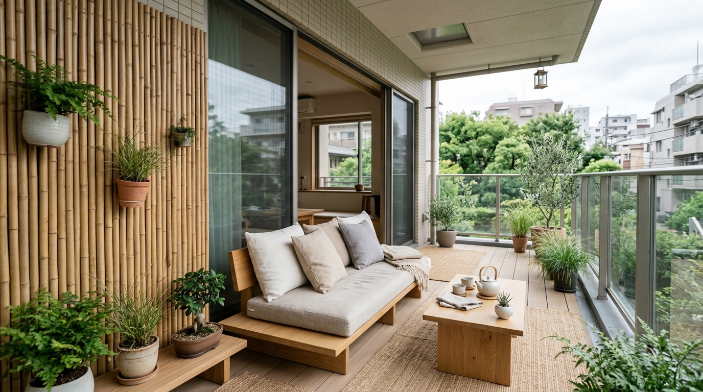 Minimalist Japandi-style balcony with low-profile seating and a privacy screen made of delicate Japanese Forest Grass. Minimalist Japandi-style balcony with low-profile seating and a privacy screen made of delicate Japanese Forest Grass.