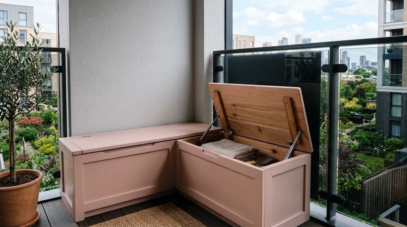 Bespoke cedar storage bench with a matte finish in Farrow & Ball Setting Plaster, integrated into a narrow balcony corner. Bespoke cedar storage bench with a matte finish in Farrow & Ball Setting Plaster, integrated into a narrow balcony corner.