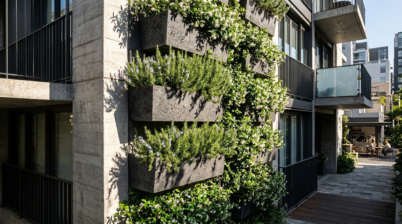 Close-up of a high-density vertical garden using GFRC charcoal planters and aromatic herbs for privacy and scent. Close-up of a high-density vertical garden using GFRC charcoal planters and aromatic herbs for privacy and scent.