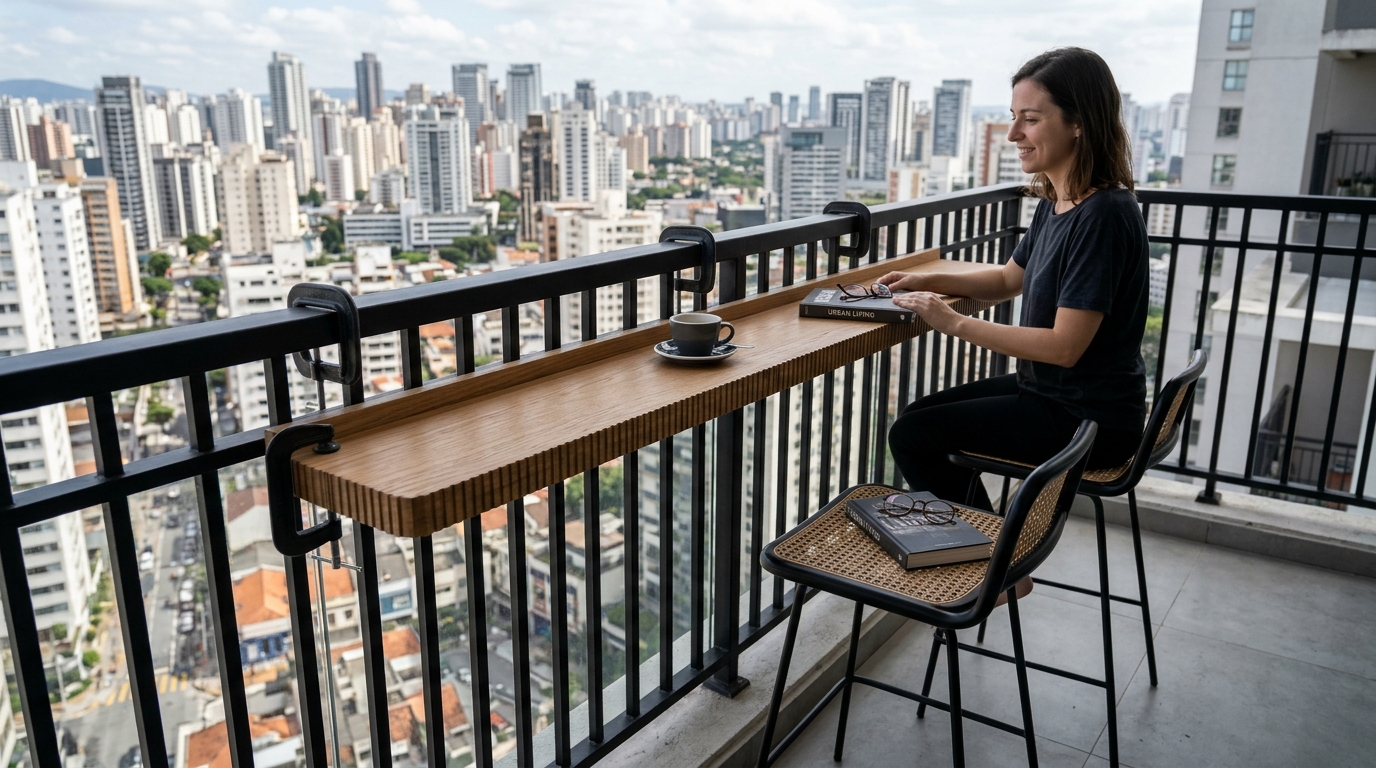 Modern balcony railing bar made of fluted oak, perfect for space-saving dining on a narrow urban terrace. Modern balcony railing bar made of fluted oak, perfect for space-saving dining on a narrow urban terrace.