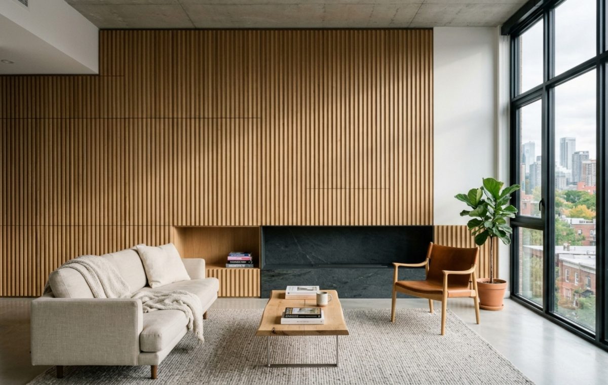 A minimalist living room featuring floor-to-ceiling white oak cabinetry and integrated shelving, epitomizing the best house apartment june 2017 decor ideas with a focus on seamless sightline alignment.
