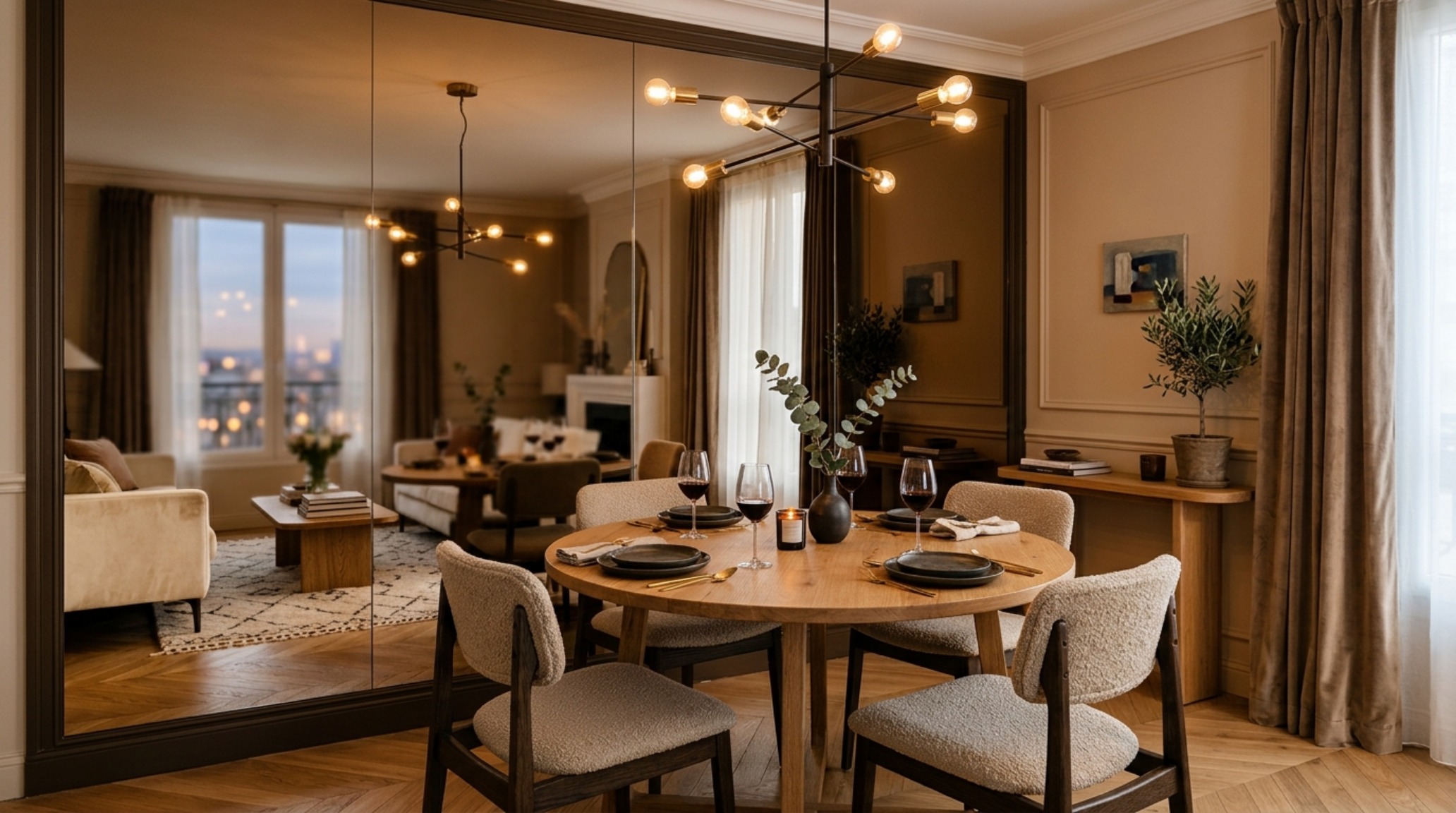 Minimalist dining area with a 30-inch chair clearance and a bronze-tinted mirror wall to enhance spatial perception in a compact layout.