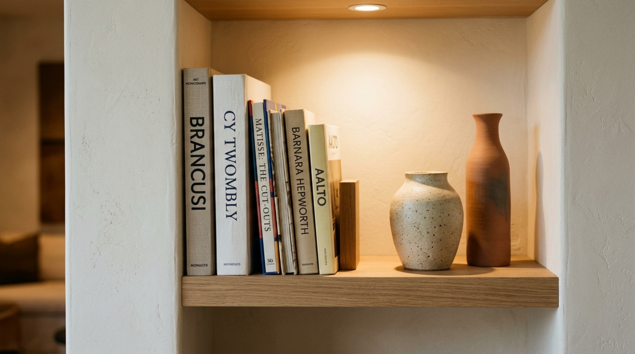A curated shelf display featuring mid-century modern apartment revival ideas with organic textures and 2700K ambient lighting.