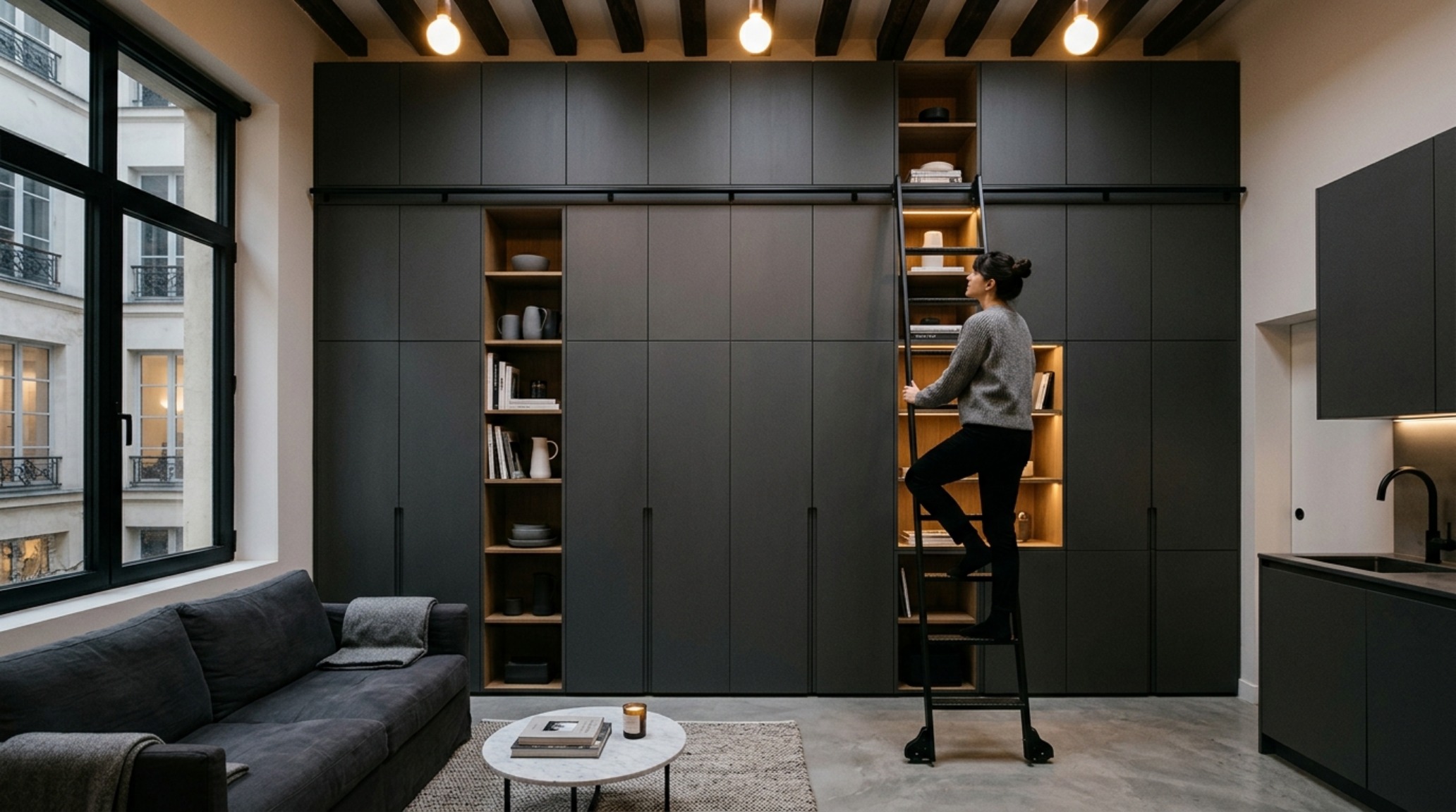 Architectural detail of a vertical storage wall with a rolling library ladder in a high-density 40sqm apartment, showcasing 2017 interior design trends for vertical space utilization.