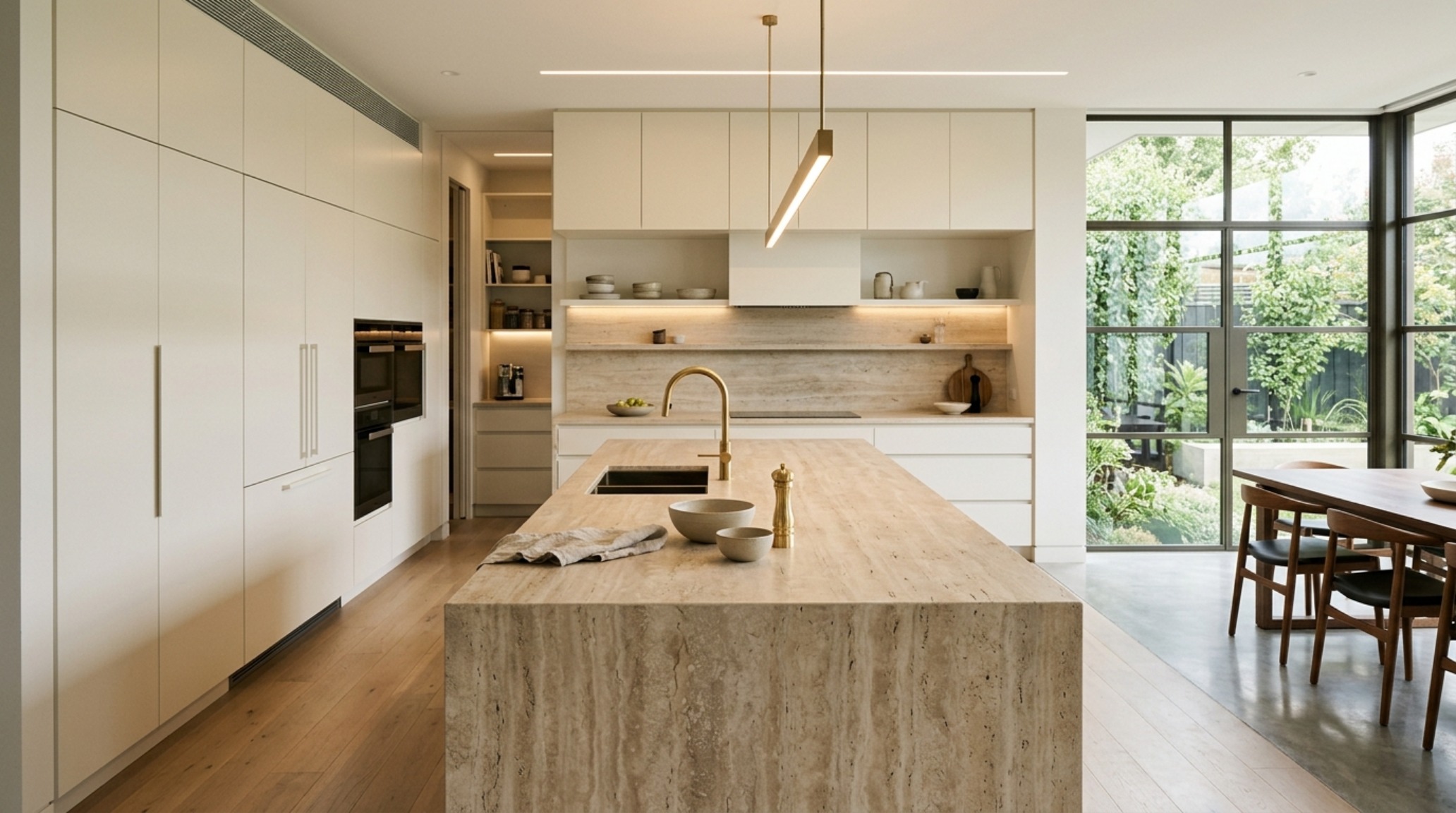 Modern galley kitchen with handle-less monochromatic panels in Benjamin Moore Swiss Coffee, highlighting apartment layout optimization and integrated high-end appliances.