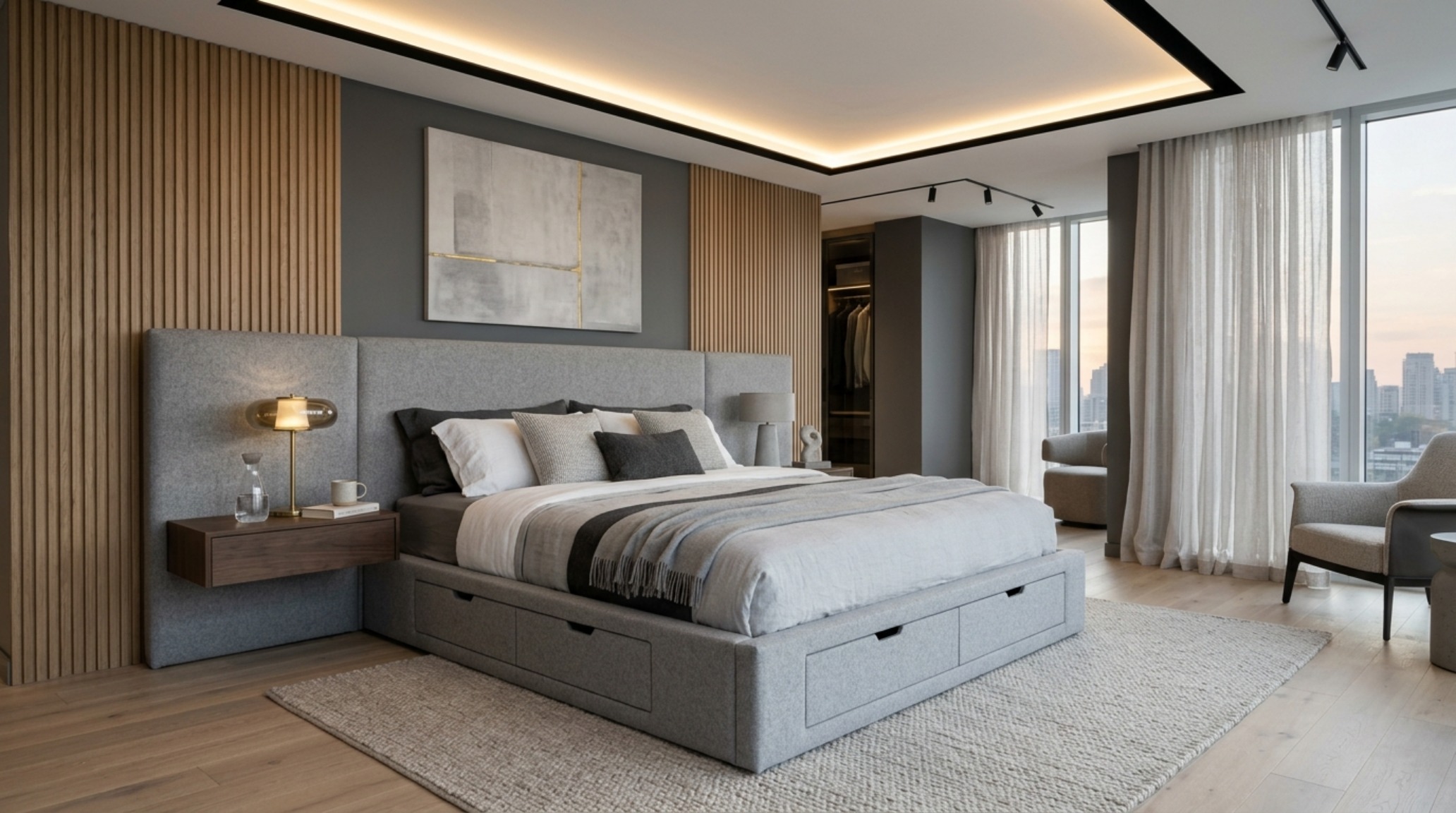 A cozy studio bedroom with a custom platform storage bed and recessed LED lighting, demonstrating aesthetic best house apartment june 2017 interior concepts.
