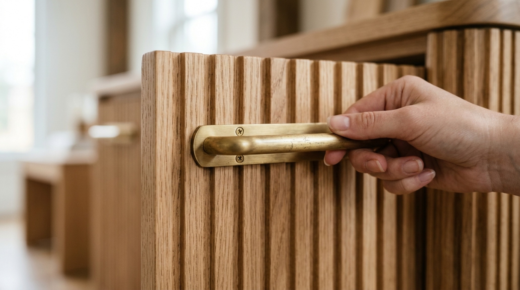 Detail shot of brushed brass hardware against fluted wood cabinetry, illustrating the tactile grounding found in modern urban apartment aesthetics.