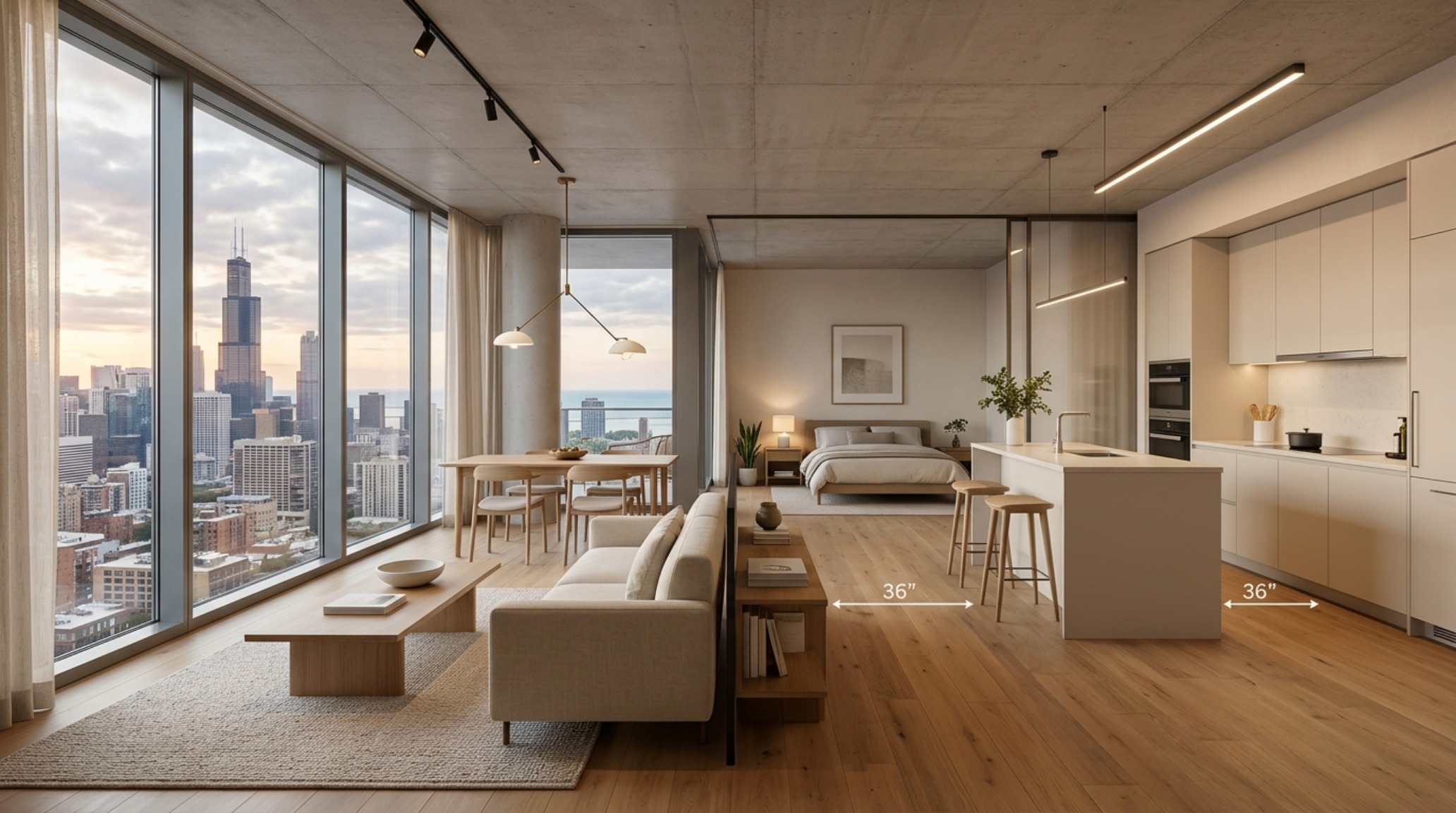 Wide-angle shot of an open-plan studio layout with 36-inch walkway clearances, balancing negative space and functional zoning.