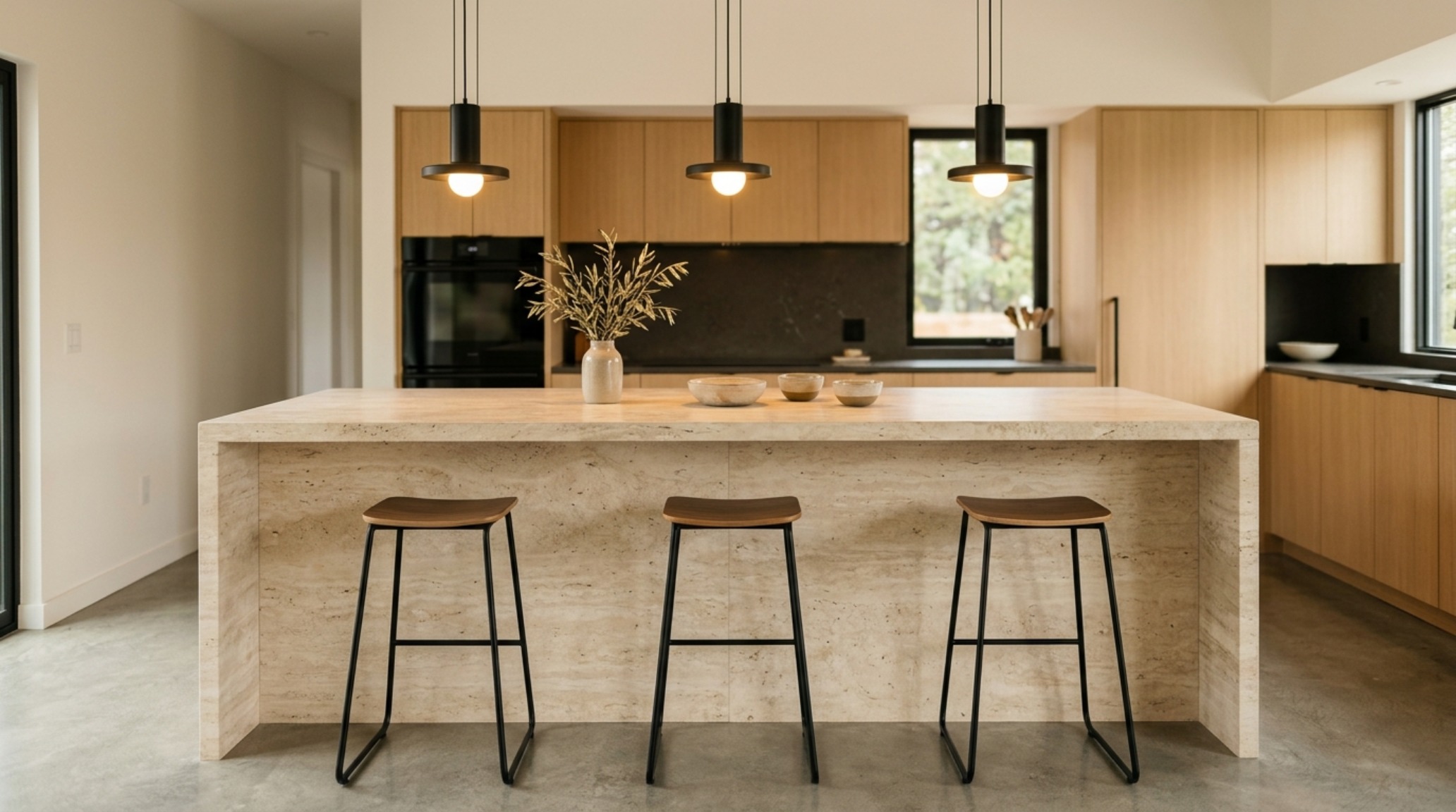 Close-up of a honed travertine kitchen island with soft directional task lighting at 3000K, perfect for small space functionality.