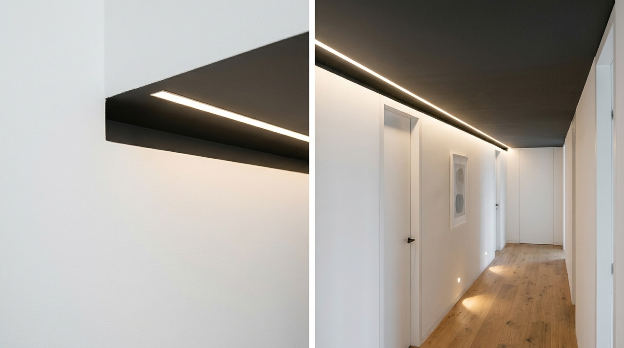 Hallway view showing shadow-gap ceiling details and recessed cove lighting that expands the visual volume of a small urban residence.