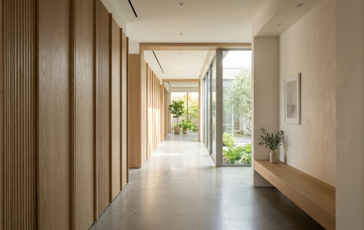 Modern home layout planning showcasing a long architectural enfilade from the foyer to the garden, featuring fluted oak walls and limestone flooring.