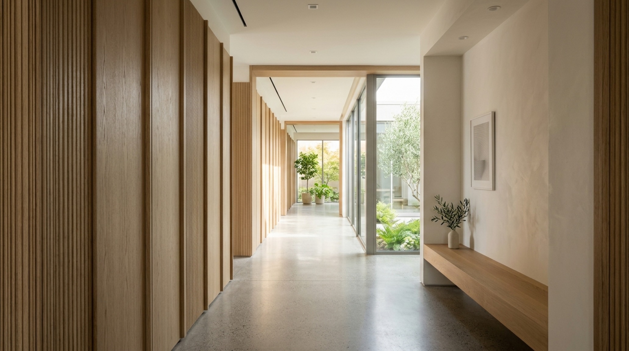 Modern home layout planning showcasing a long architectural enfilade from the foyer to the garden, featuring fluted oak walls and limestone flooring. Modern home layout planning showcasing a long architectural enfilade from the foyer to the garden, featuring fluted oak walls and limestone flooring.