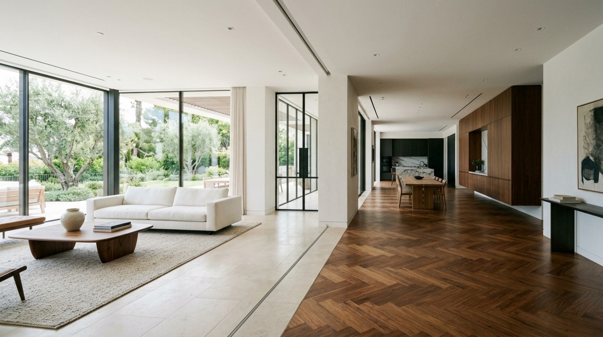 Luxury residential spatial flow in an open-plan master suite where a custom walnut headboard acts as a room divider with precise 36-inch walkways. Luxury residential spatial flow in an open-plan master suite where a custom walnut headboard acts as a room divider with precise 36-inch walkways.