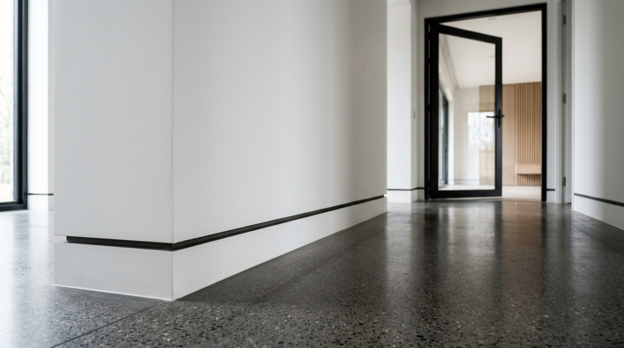 High-end residential interior specs detailing a shadow-gap baseboard and a floor-to-ceiling pivot door in a contemporary home library. High-end residential interior specs detailing a shadow-gap baseboard and a floor-to-ceiling pivot door in a contemporary home library.