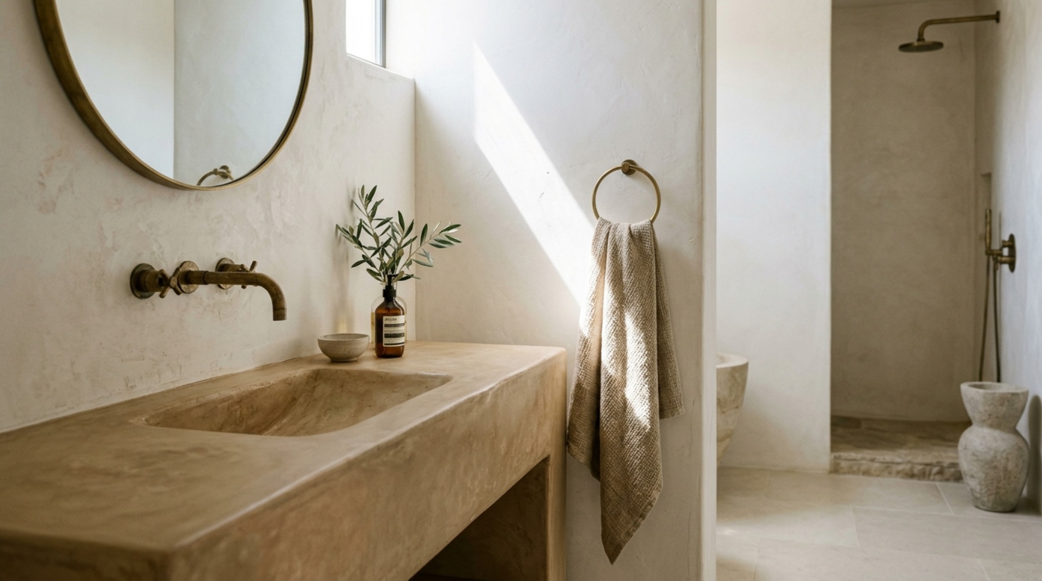 Bespoke interior material palettes featuring hand-applied Tadelakt plaster walls and custom bronze hardware in a spa-like primary bathroom. Bespoke interior material palettes featuring hand-applied Tadelakt plaster walls and custom bronze hardware in a spa-like primary bathroom.