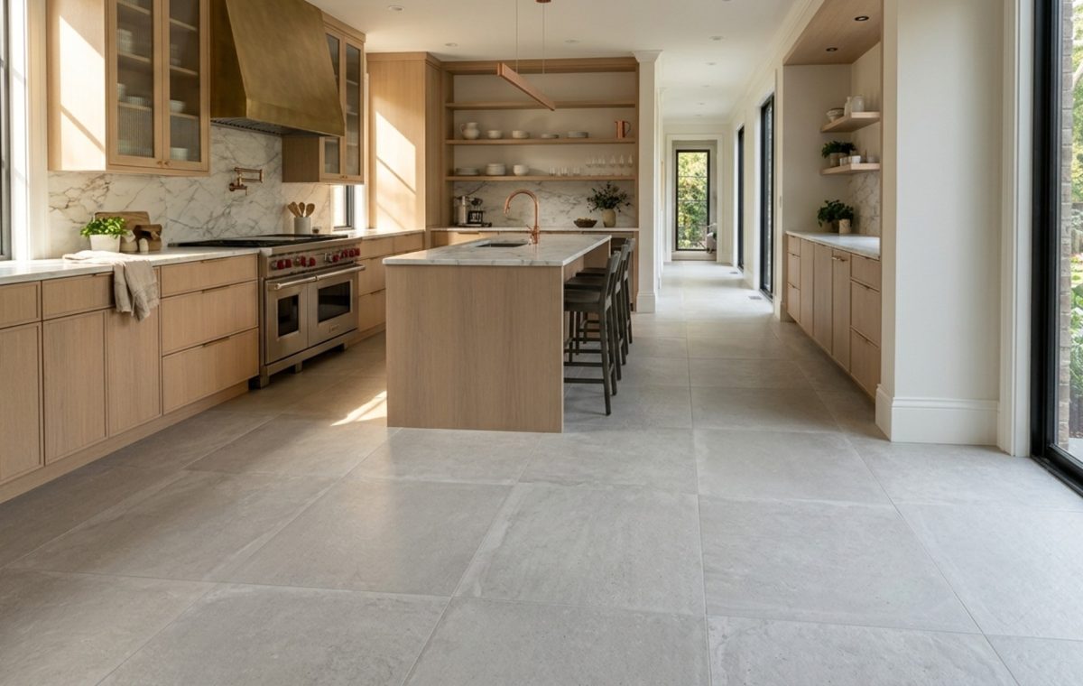 architectural tile designs featuring oversized 30x30 inch matte porcelain slabs in a light limestone grey, creating a seamless monolithic floor plane in an open-concept kitchen