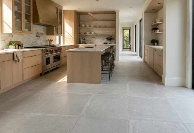 architectural tile designs featuring oversized 30x30 inch matte porcelain slabs in a light limestone grey, creating a seamless monolithic floor plane in an open-concept kitchen