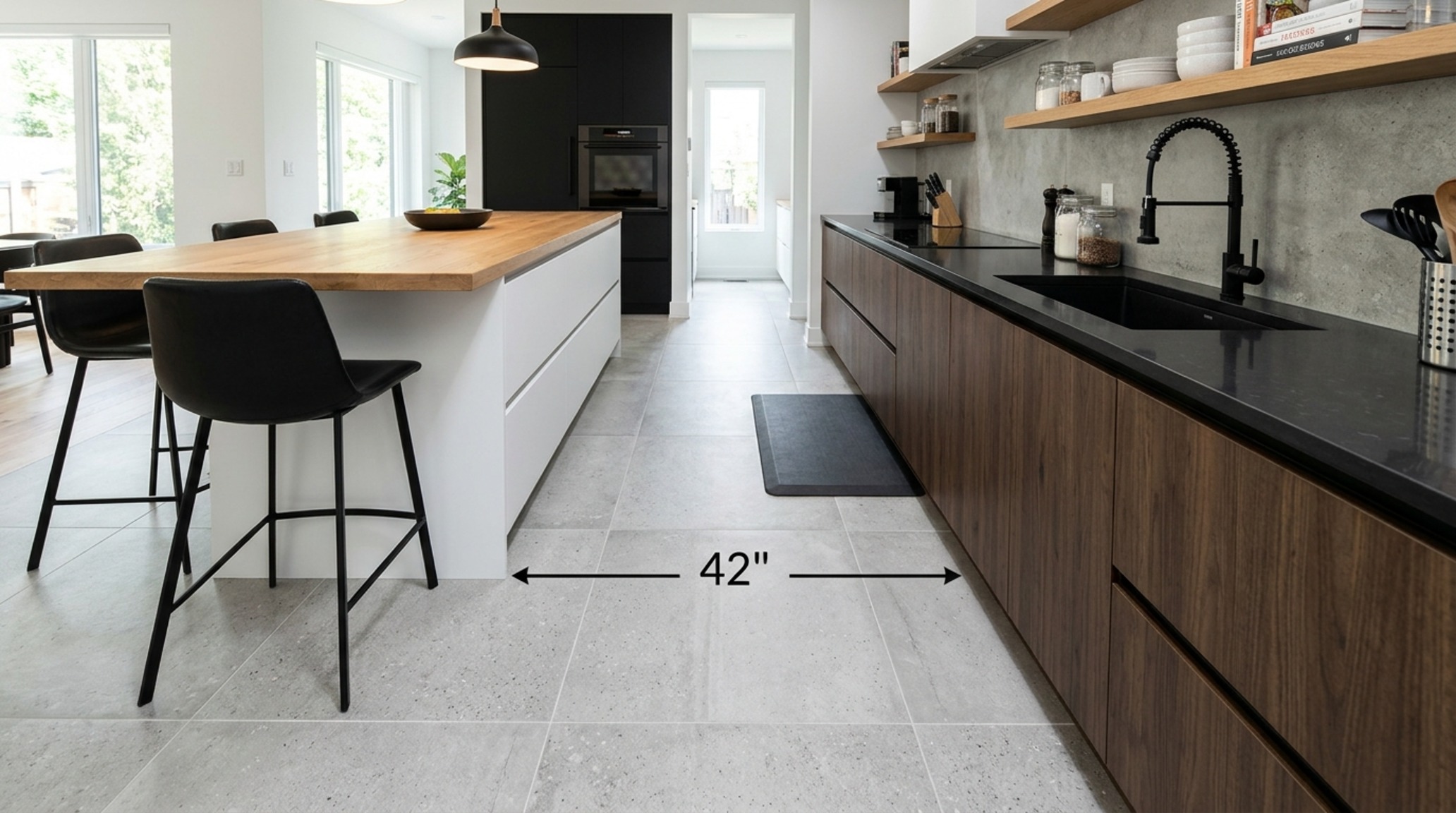 durable kitchen floor surfaces with a honed concrete-look porcelain finish, showing 36-inch walkway clearances and soft morning light reflection