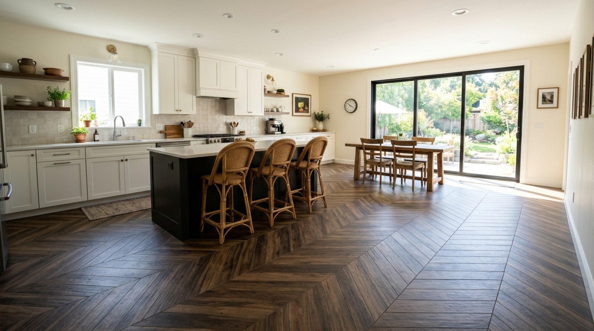 wood-look porcelain kitchen flooring in a chevron pattern with muted walnut tones, providing a durable and warm foundation for a high-traffic family kitchen