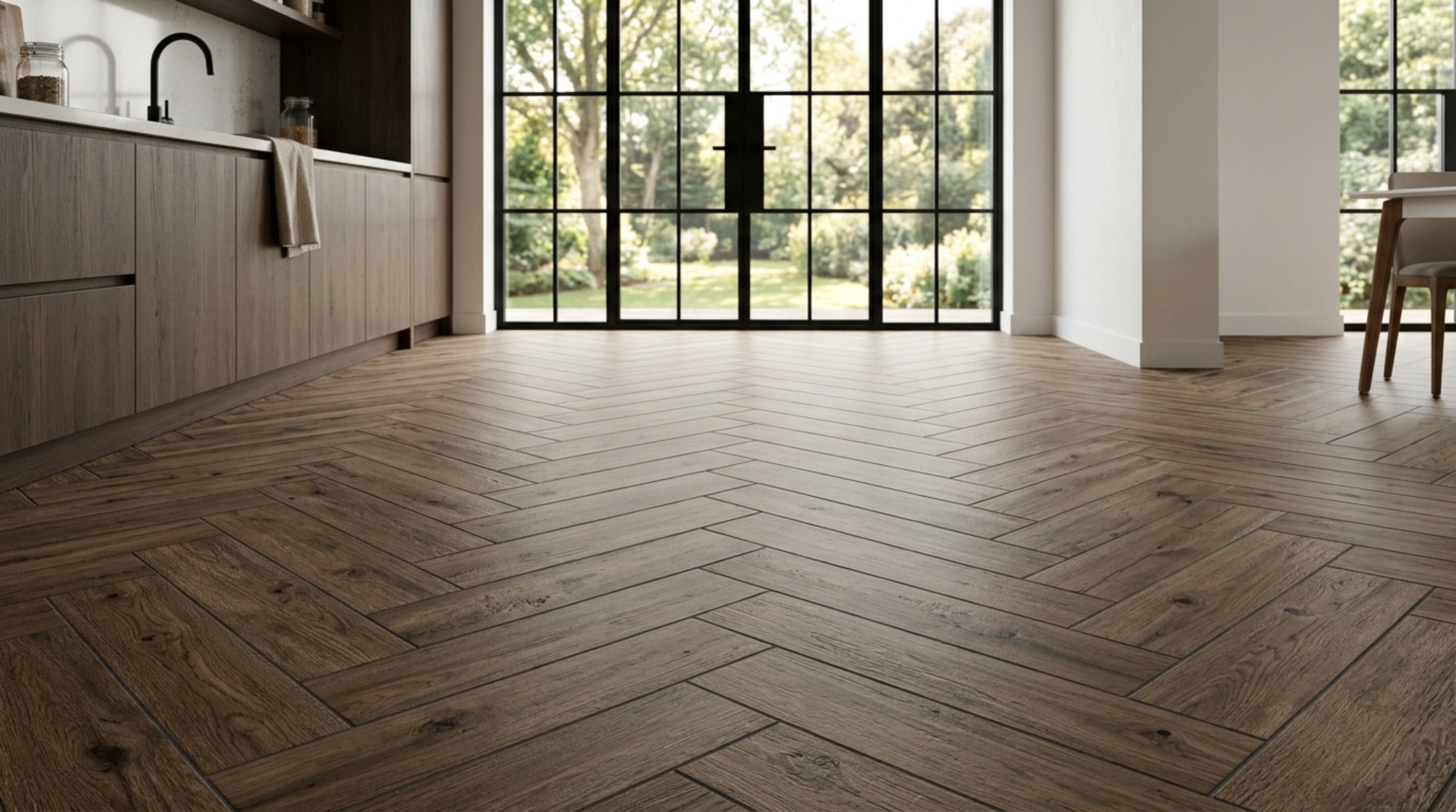 kitchen tile layouts 2025 showcasing a grand-scale herringbone pattern using 8x48 inch oak-effect porcelain planks leading toward a floor-to-ceiling glass wall