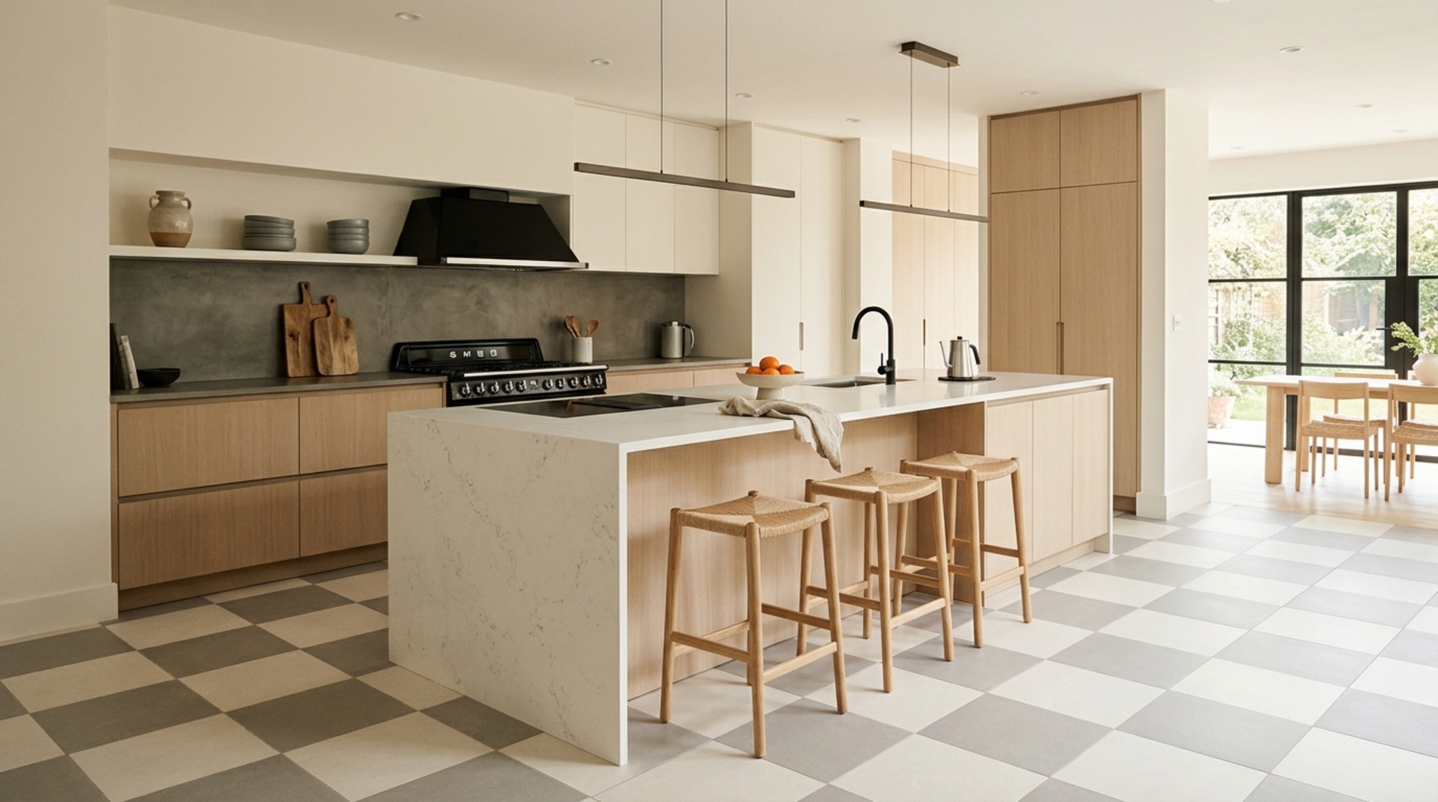 modern checkerboard kitchen floor in a sophisticated tonal pairing of soft alabaster and muted dove grey, grounding a contemporary kitchen with fluted oak cabinetry
