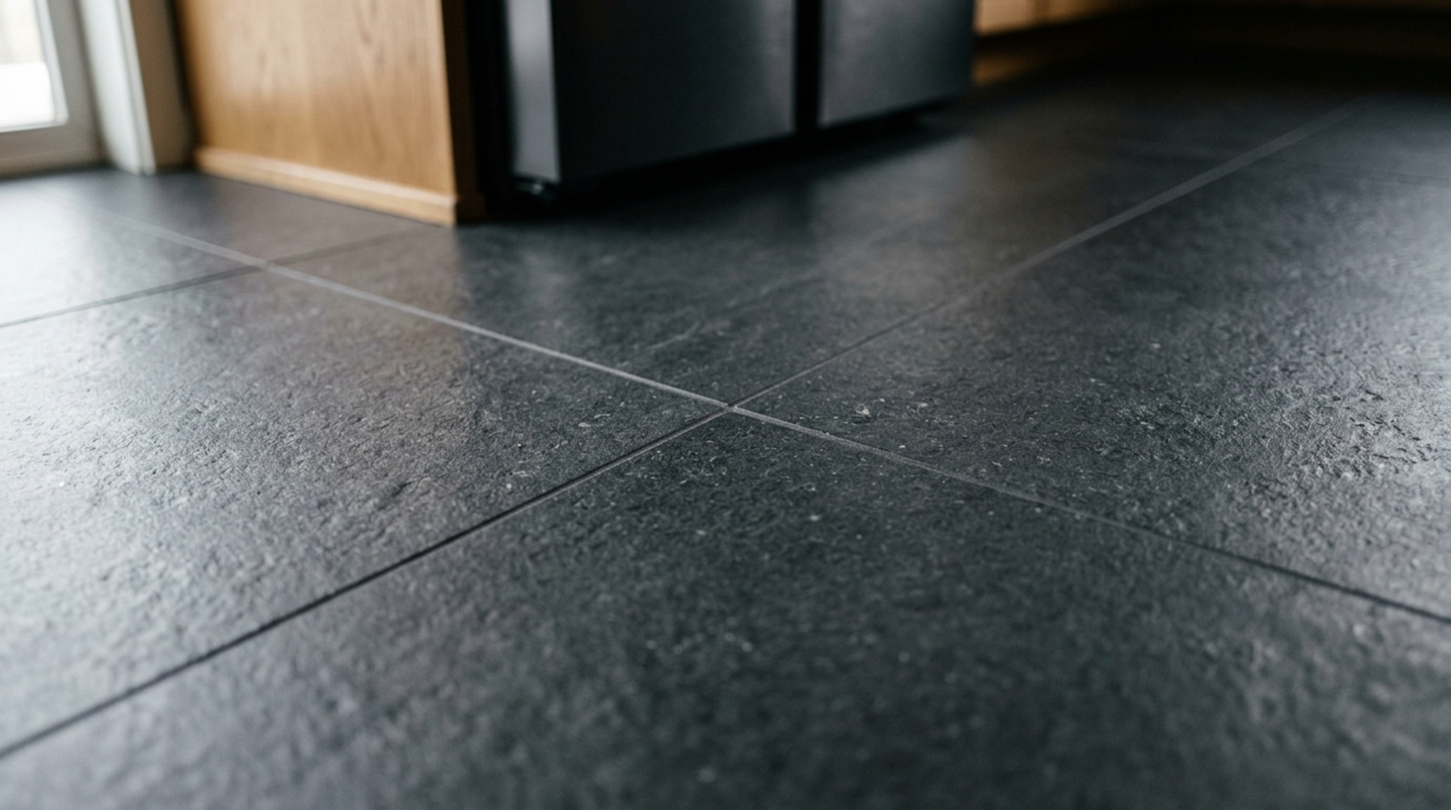 durable kitchen floor surfaces in a dark basalt-effect sintered stone with a 1/16-inch grout joint, highlighting the low visual noise of large-format slabs