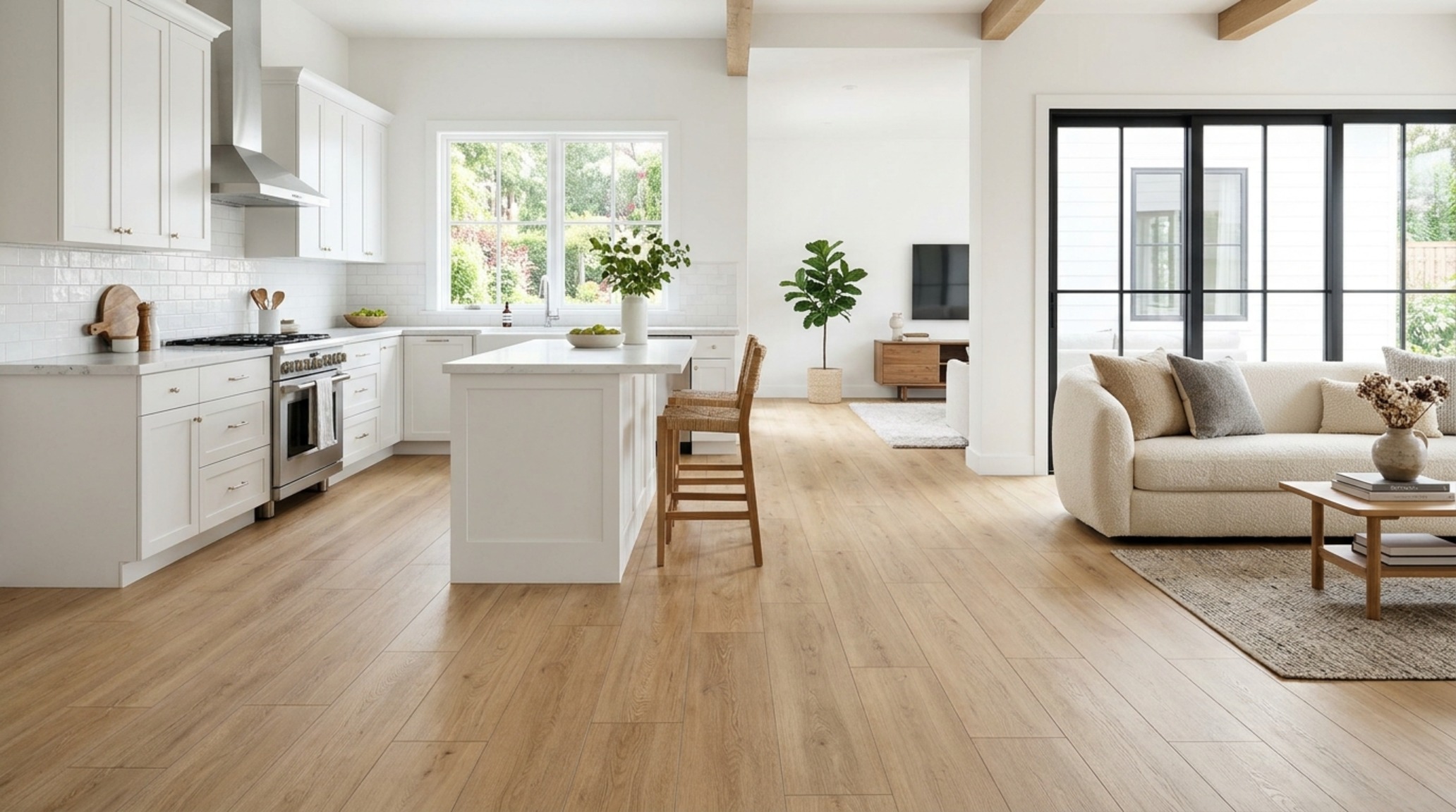 wood-look porcelain kitchen flooring with realistic grain textures and long 72-inch planks flowing uninterrupted from a culinary zone into a sun-drenched living area