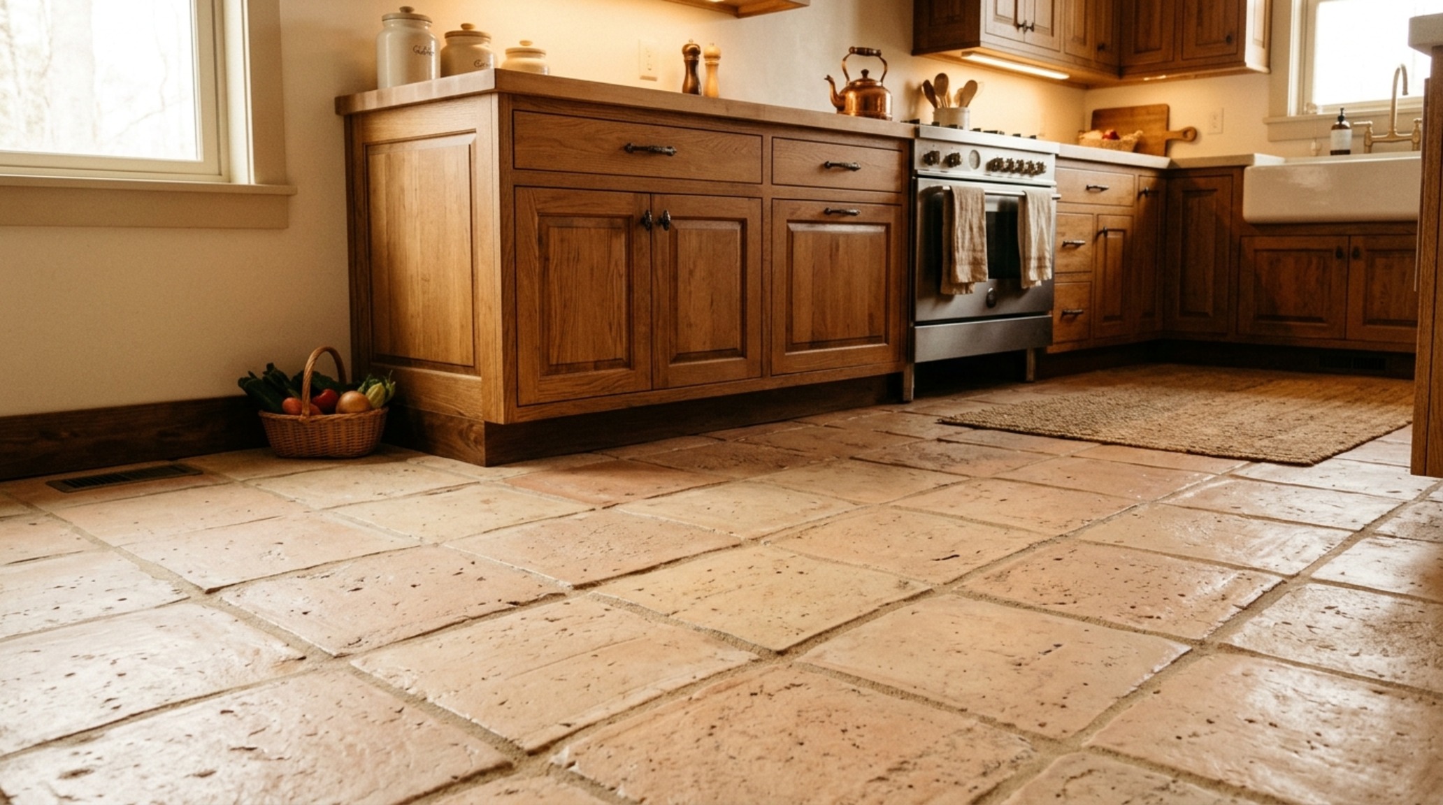 terracotta kitchen tile ideas featuring hand-pressed large-format squares in a warm sandy hue, paired with plaster-finished walls and minimalist brass fixtures