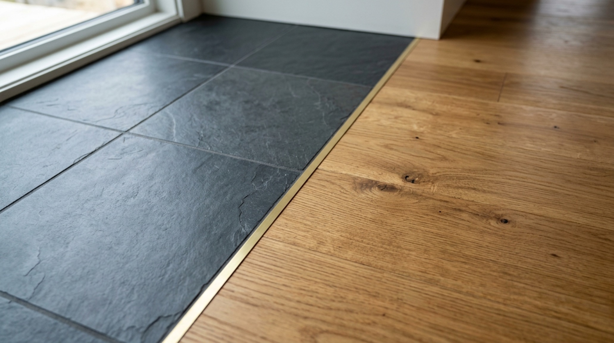 architectural tile designs detail shot of a flush transition between honed slate tile and white oak hardwood floor using a minimalist brass Schluter profile