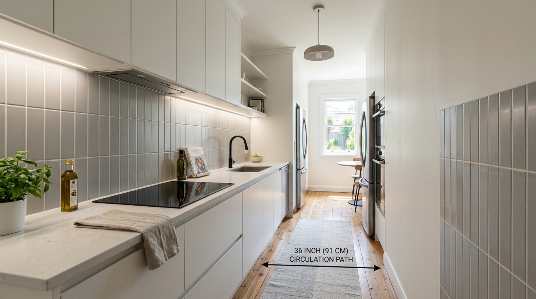 kitchen tile layouts 2025 in a vertical soldier bond stack of slim grey tiles, emphasizing the height and length of a gallery-style kitchen corridor