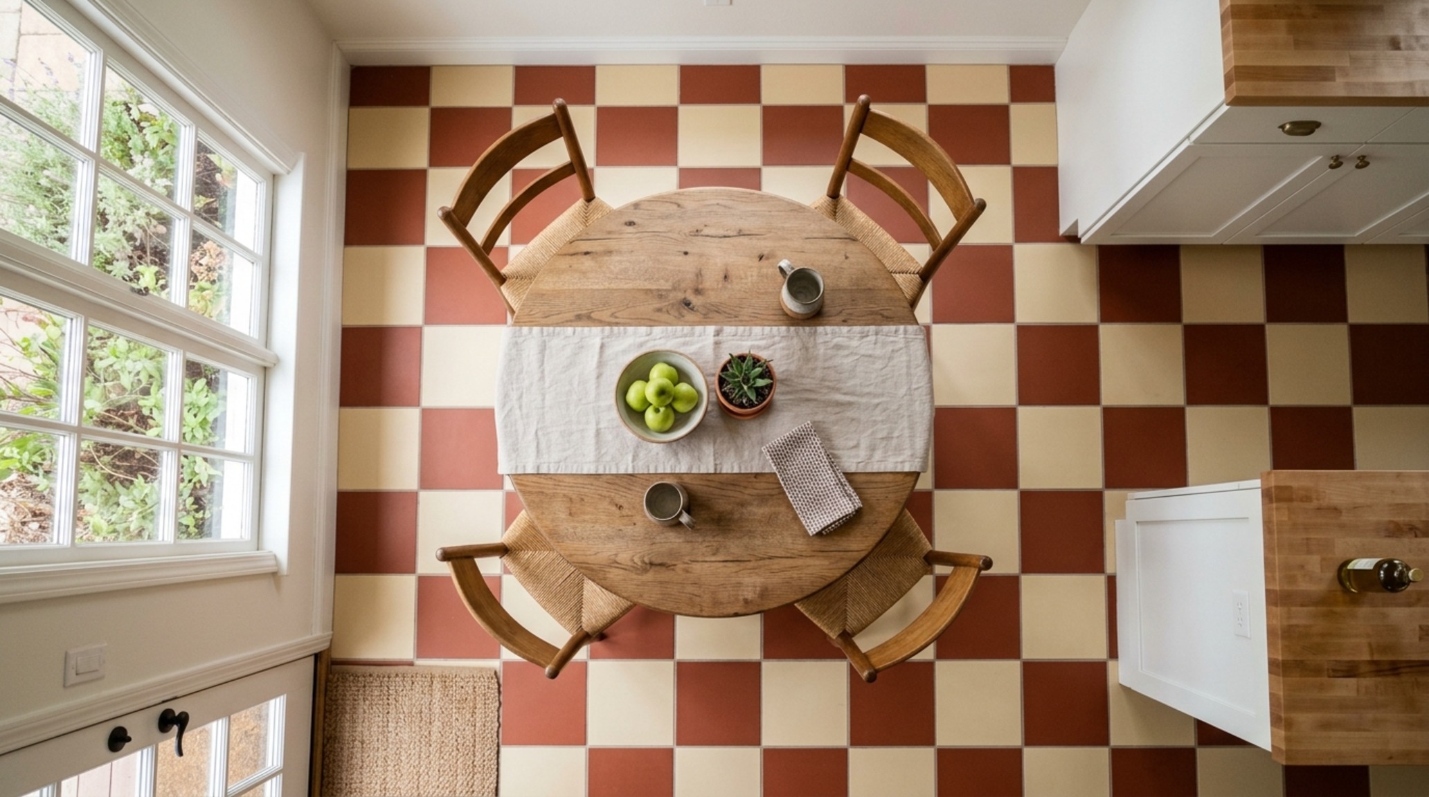modern checkerboard kitchen floor using matte terracotta and cream tiles in an 18x18 inch scale, creating a warm geometric anchor for a breakfast nook