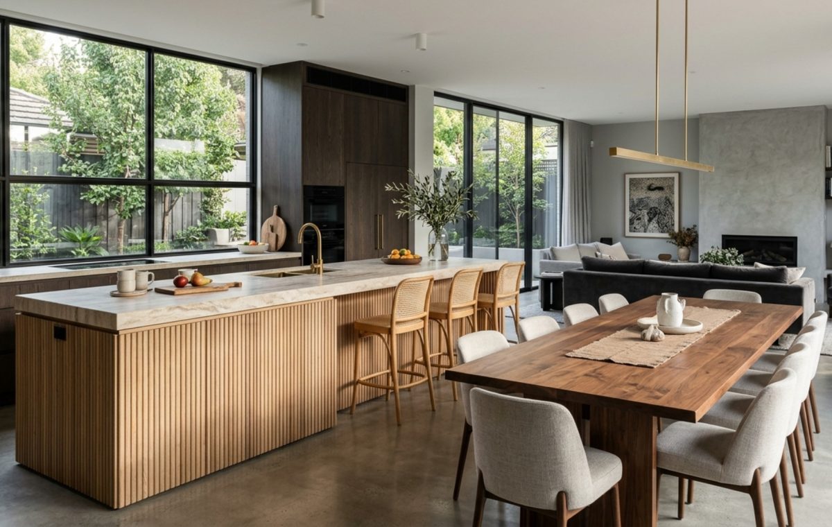 integrated kitchen living dining layout featuring a minimalist waterfall island and a transition to a sunken living room with fluted oak wall paneling